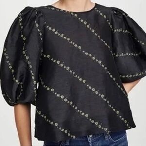 Ganni Black Puff Sleeve Blouse with Floral Stripes